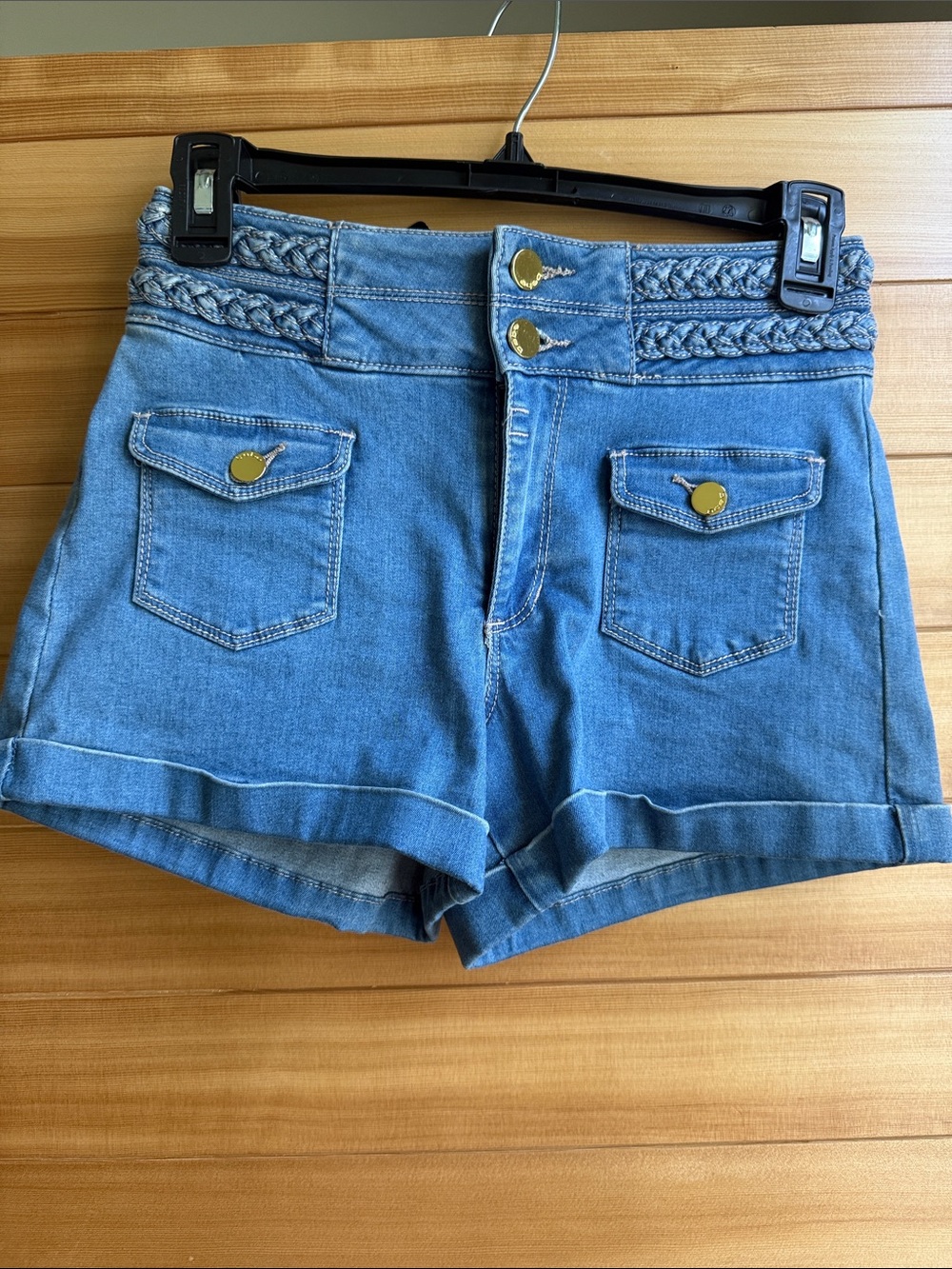 bebe Light Blue Braided-Waist Denim Shorts with Gold Buttons
